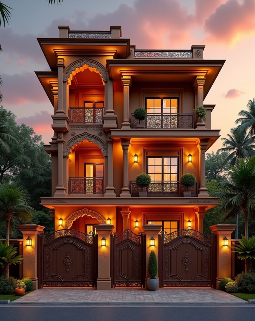 Traditional Indian double-storey front elevation with jali balcony and modern finishes