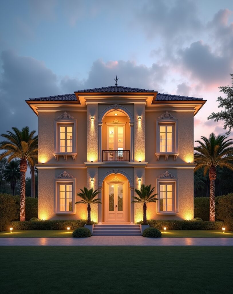 Bungalow-inspired double-storey house front with sandstone cladding and warm lighting