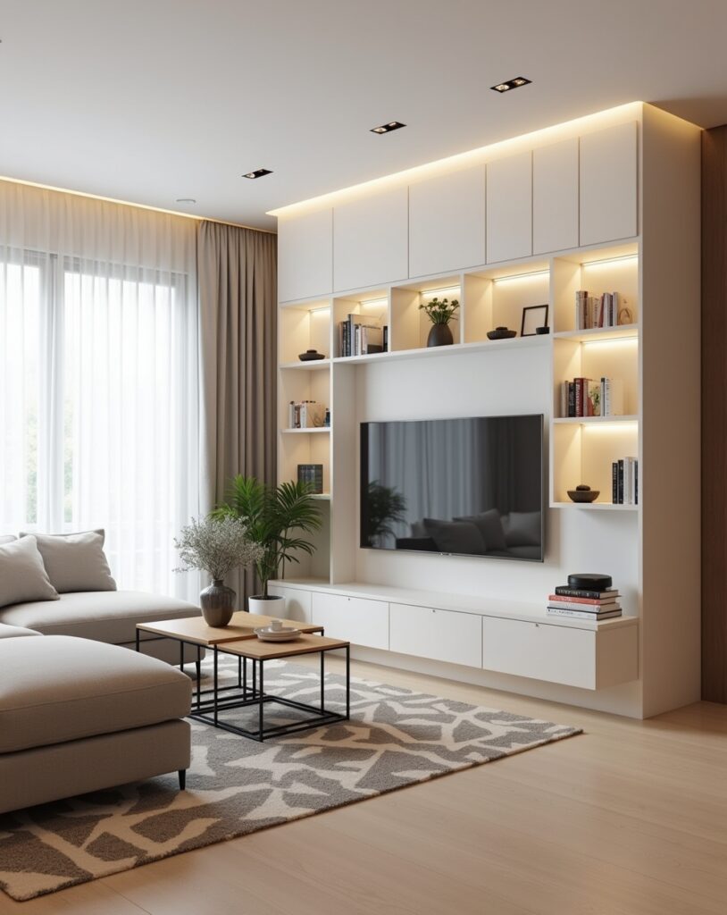 Space-saving furniture in modern 2 BHK living room interior