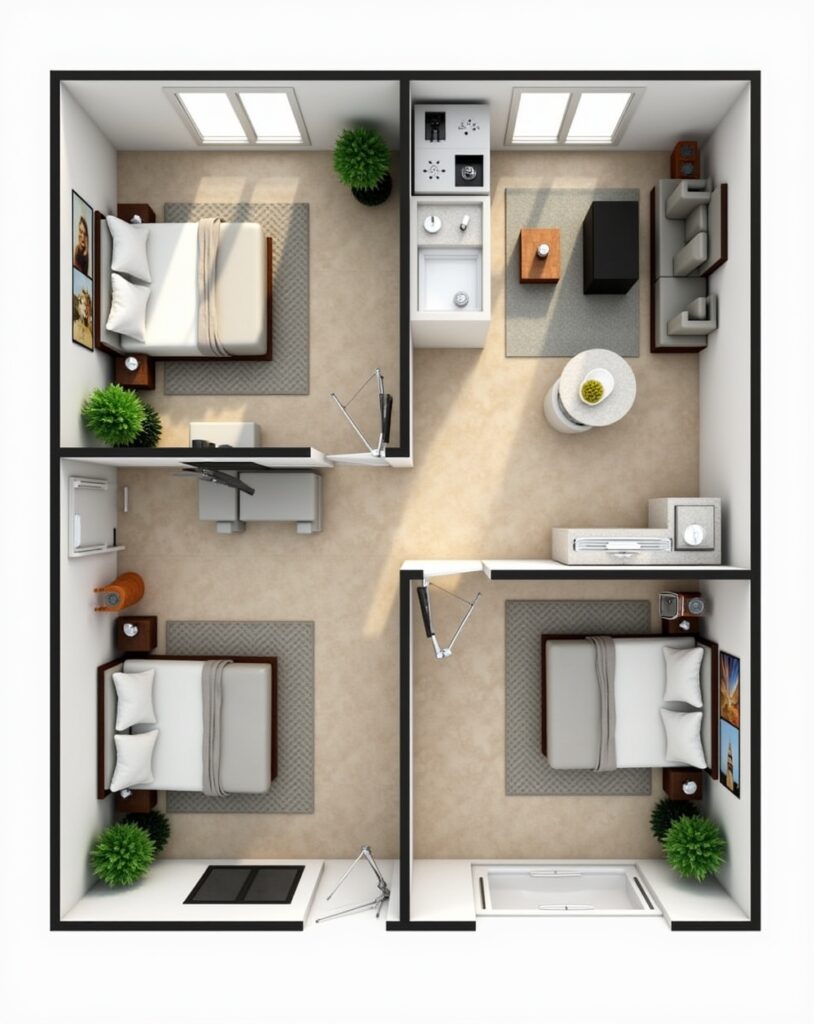 Urban 2 BHK flat layout with efficient modern space planning