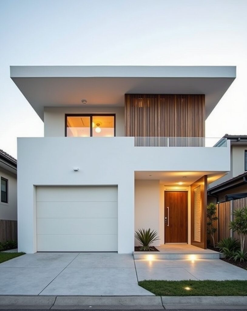 Minimalist double-storey home front with vertical wooden elements and flat roof