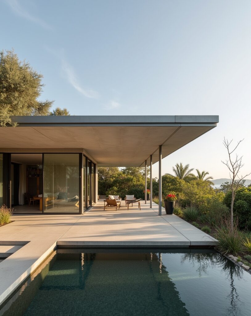 Modern house with wide roof overhang creating shaded front area