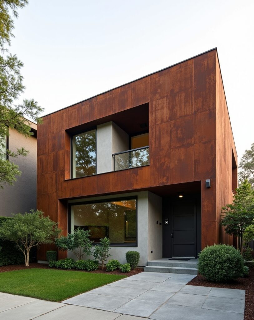 Home front with corten steel wall that develops a natural rust finish