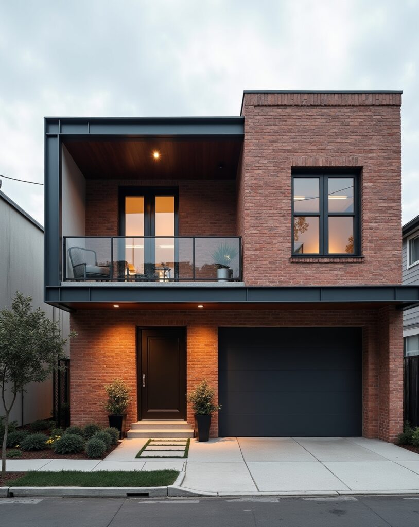 Minimalist house facade with clean lines and zen garden elements