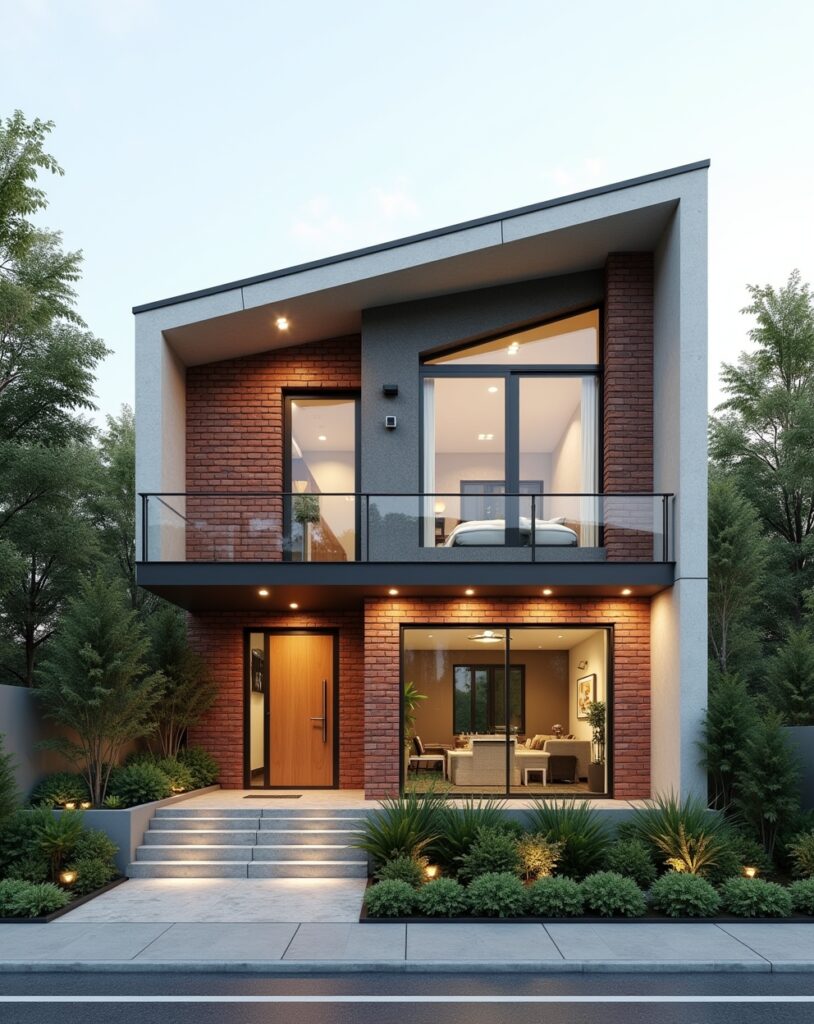 Low-budget 2 BHK house elevation design in brick and concrete
