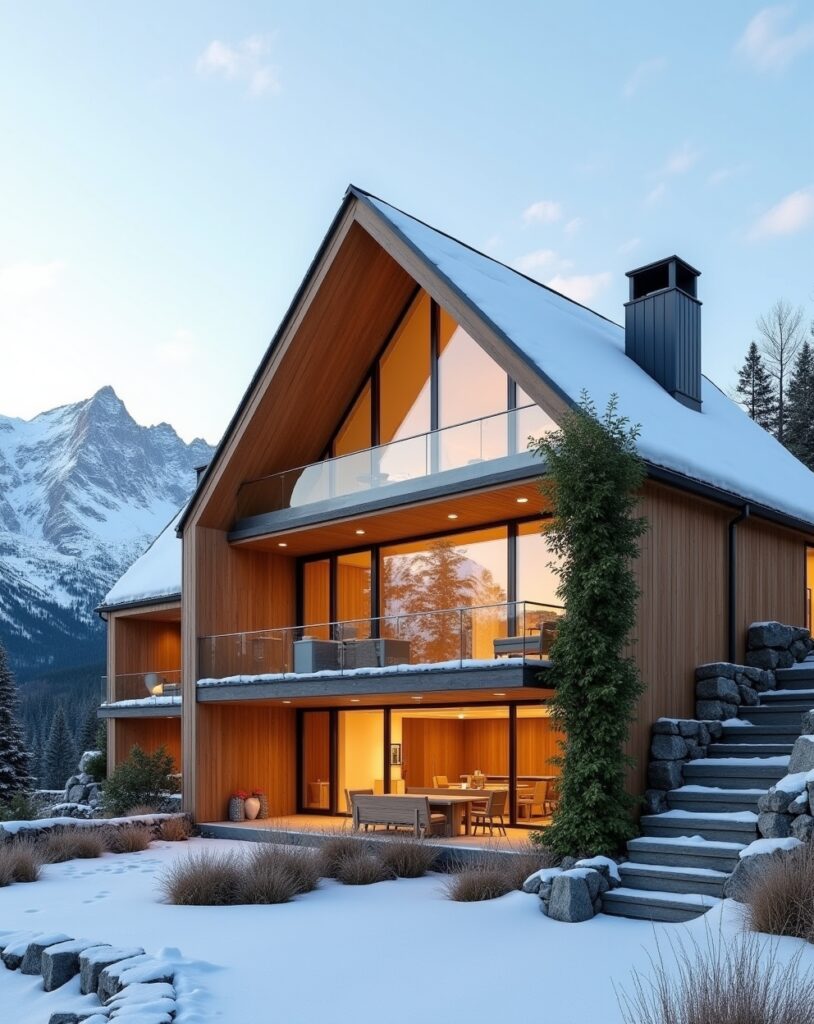 Scandinavian-style double-storey house with wooden cladding and large glass front