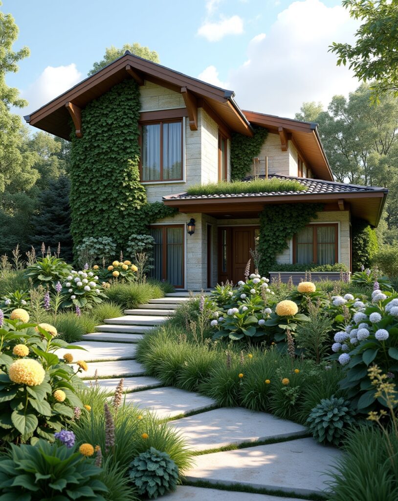 House front with stepped green garden and flowering plants