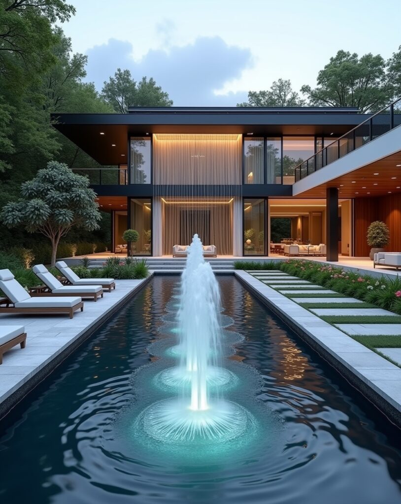 Front of house with water wall, pond, and lighted fountain