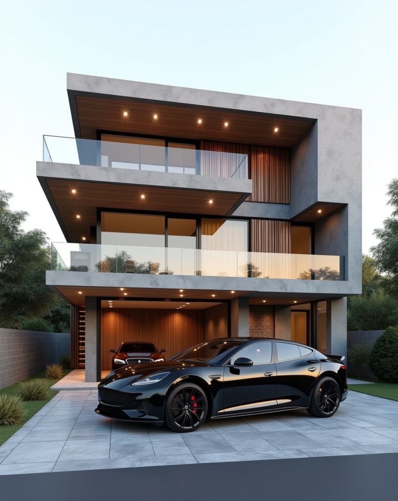 Contemporary double-storey front elevation with timber finish and large windows