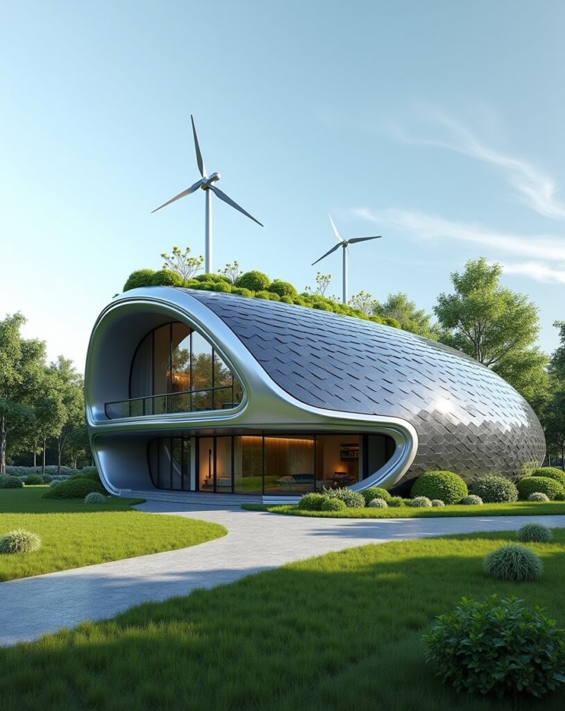 “High-tech house with front wall embedded with solar and wind energy-generating panels, futuristic green technology”