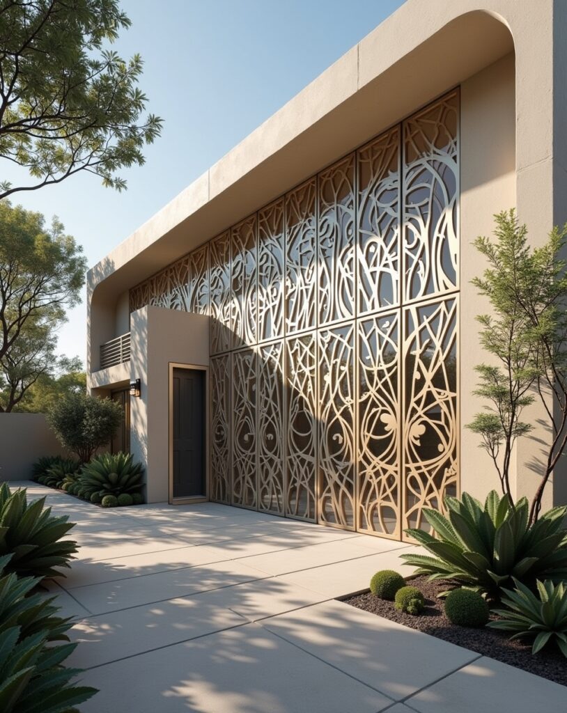 House facade with decorative see-through privacy screens