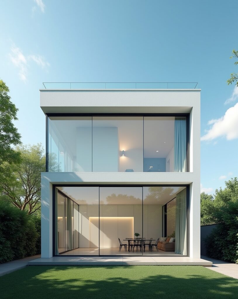Smart glass house front that changes transparency with sunlight
