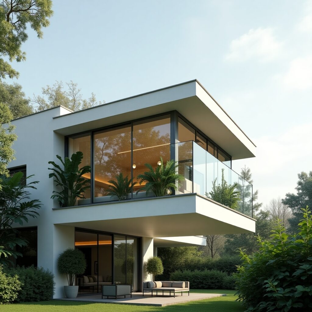 Modern house facade with a glass box extension overlooking greenery