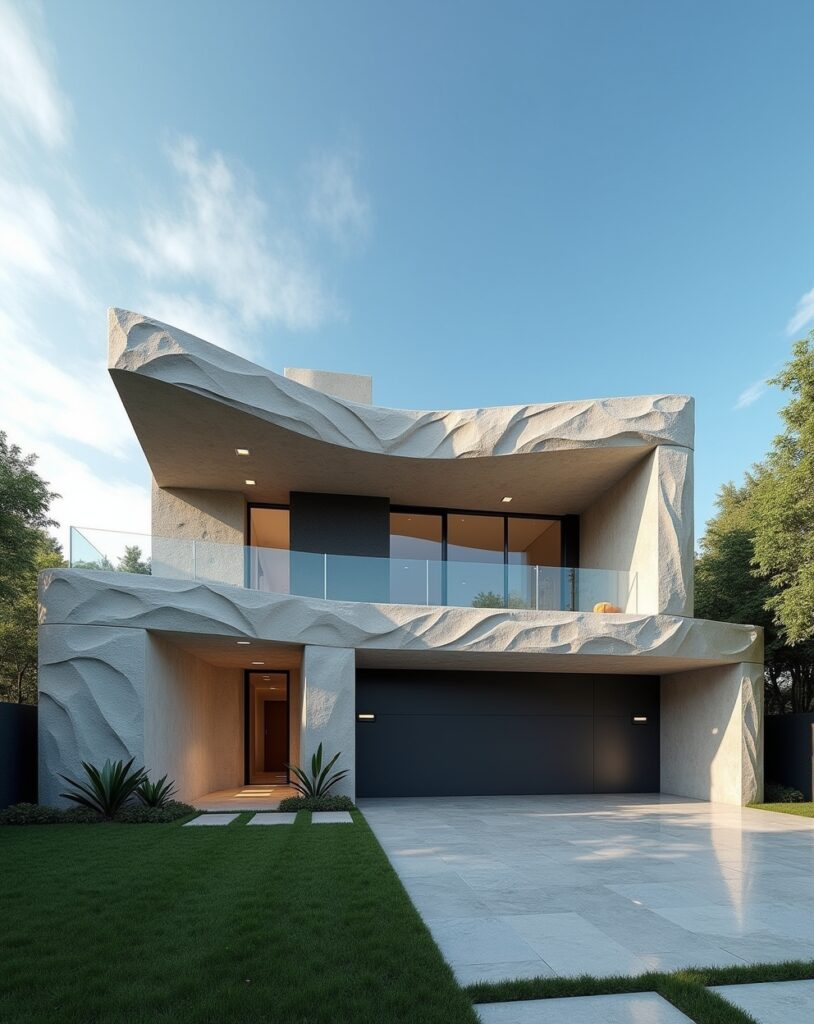 Home front with artistic concrete design casting dynamic shadows