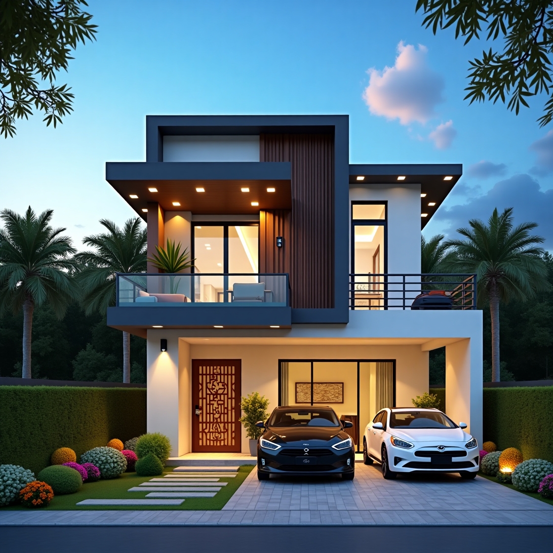 “A beautifully rendered modern 2 BHK house exterior with landscaped garden, warm lighting, and spacious car porch – Indian urban style”