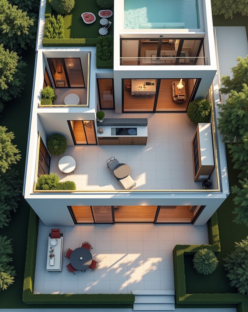 Top view of modern 2 BHK house plan with open kitchen and balcony