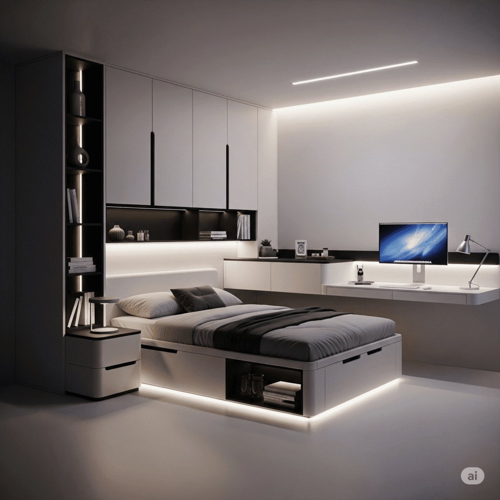 Modern minimalist bedroom design 2025 with smart features