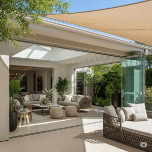 Seamless indoor-outdoor house front with open design and greenery