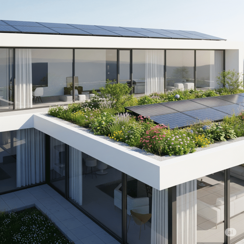Modern home design 2025 with smart architecture and eco-friendly rooftop