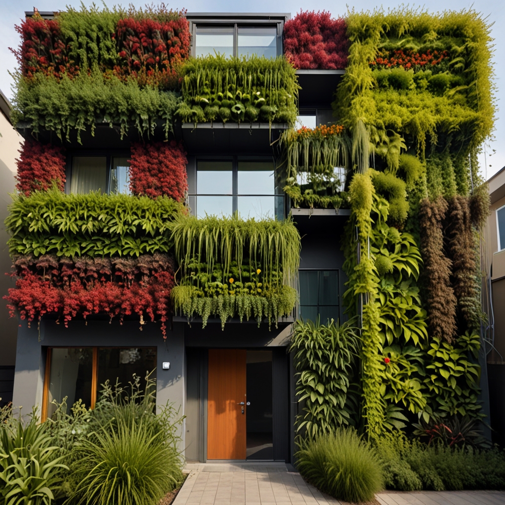 House front fully covered with a vertical green wall and lush seasonal plants