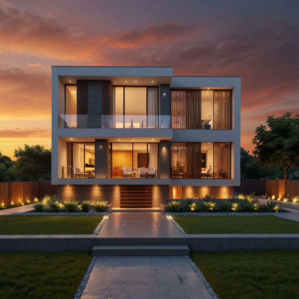Ultra-modern double-storey house with glass facade, vertical wooden panels, sleek balcony railings, stone cladding on one side, white-and-grey color palette, landscaped front lawn, warm sunset glow – architectural magazine style – realistic render.