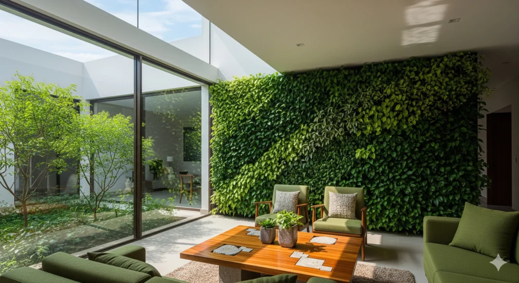 Modern Indian home with a green wall and natural light, showcasing biophilic design in modern homes for wellness and aesthetics.
