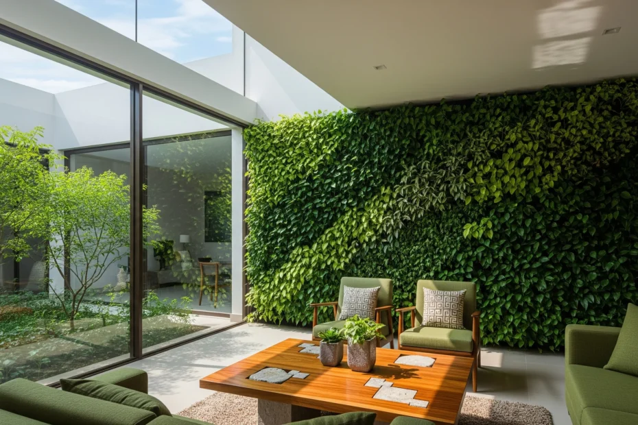 Modern Indian home with a green wall and natural light, showcasing biophilic design in modern homes for wellness and aesthetics.