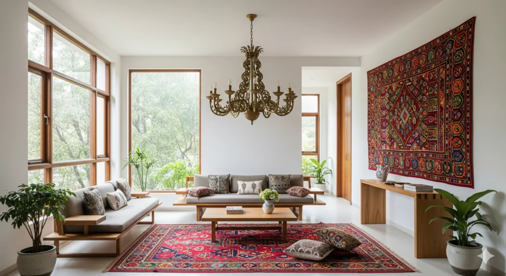 Modern Indian living room blending minimalism vs. maximalism in home design with clean lines and vibrant tapestry accents.