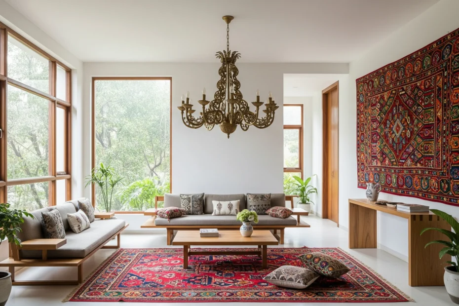 Modern Indian living room blending minimalism vs. maximalism in home design with clean lines and vibrant tapestry accents.