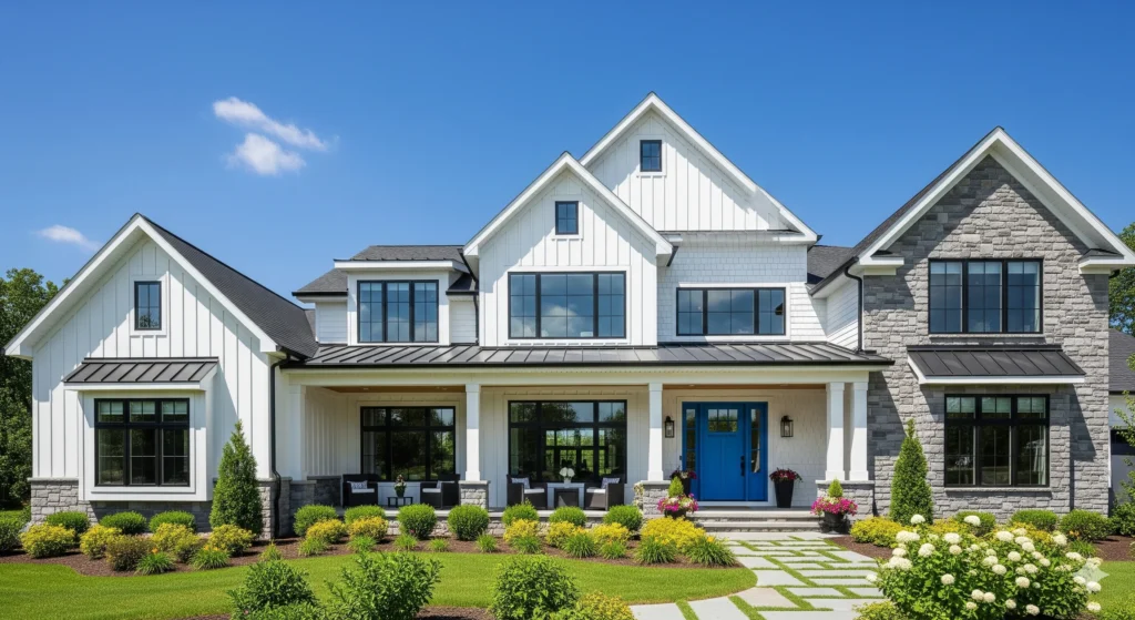 Ultimate guide to stunning front home elevation design with modern farmhouse style, stone veneer, and curb appeal