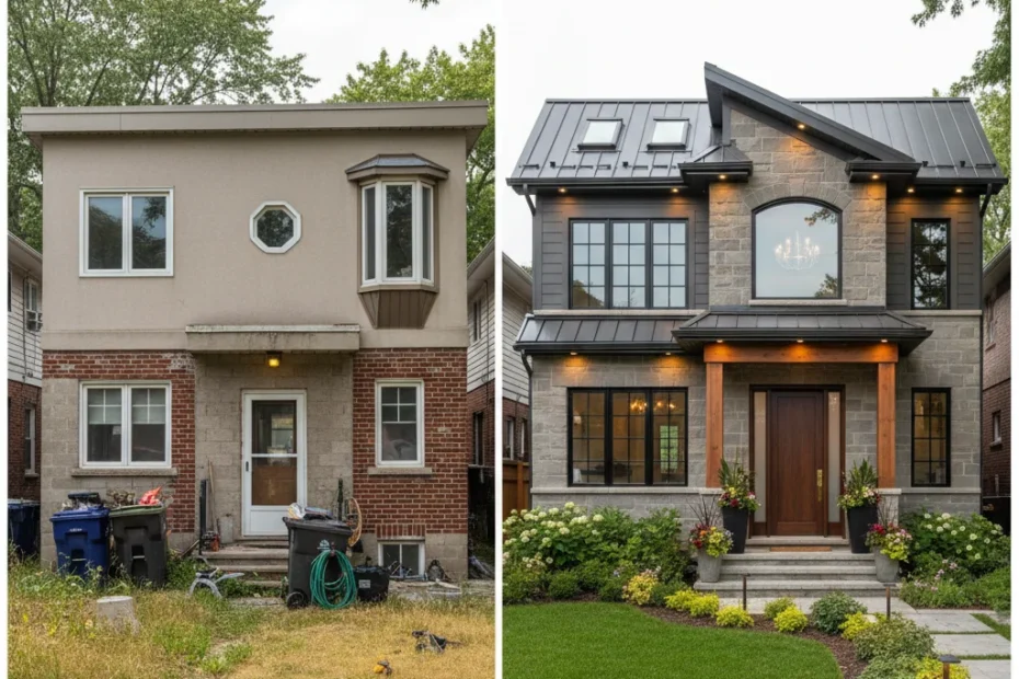 Before-and-after comparison showing how fixing front elevation mistakes transforms a home from cheap-looking to high-end curb appeal.