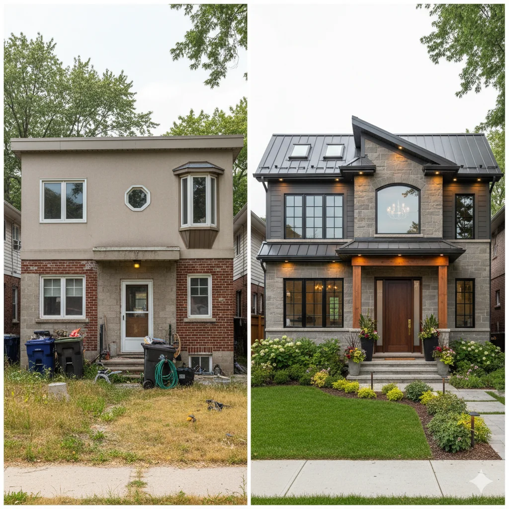 Before-and-after comparison showing how fixing front elevation mistakes transforms a home from cheap-looking to high-end curb appeal.