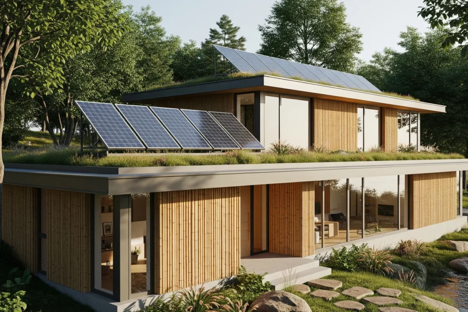 Stunning front home design of a 1800-yard dream property with modern architecturewith solar panels and green roof