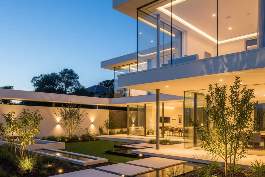 Modern luxury home architecture design with glass walls and landscaped garden