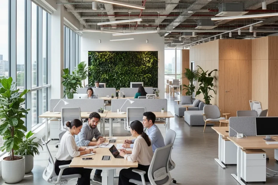 Modern office building design services workspace with natural light and ergonomic furniture improving employee productivity
