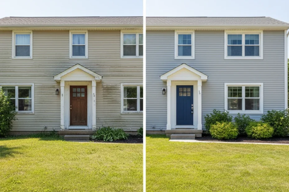 before and after example of the psychology of color in home exterior design showing how exterior paint color psychology improves curb appeal