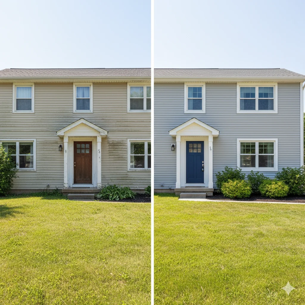 before and after example of the psychology of color in home exterior design showing how exterior paint color psychology improves curb appeal