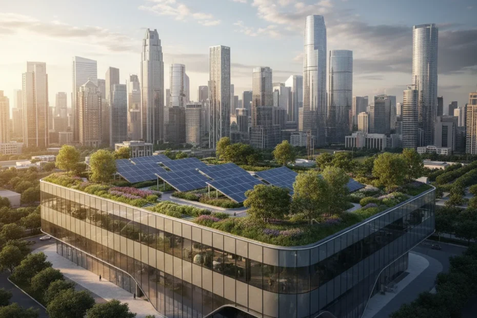 future-ready commercial building design with modern glass façade, rooftop garden, and sustainable architecture