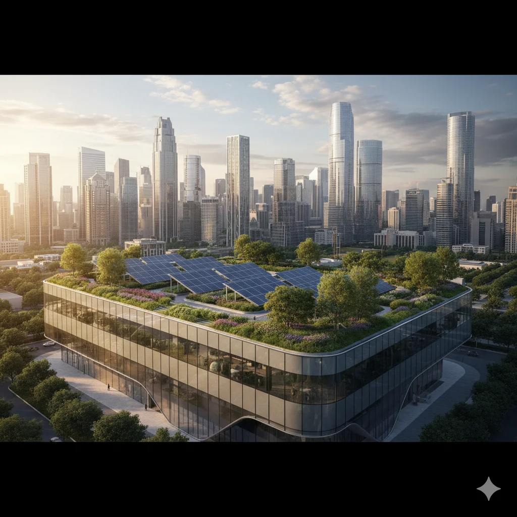 future-ready commercial building design with modern glass façade, rooftop garden, and sustainable architecture