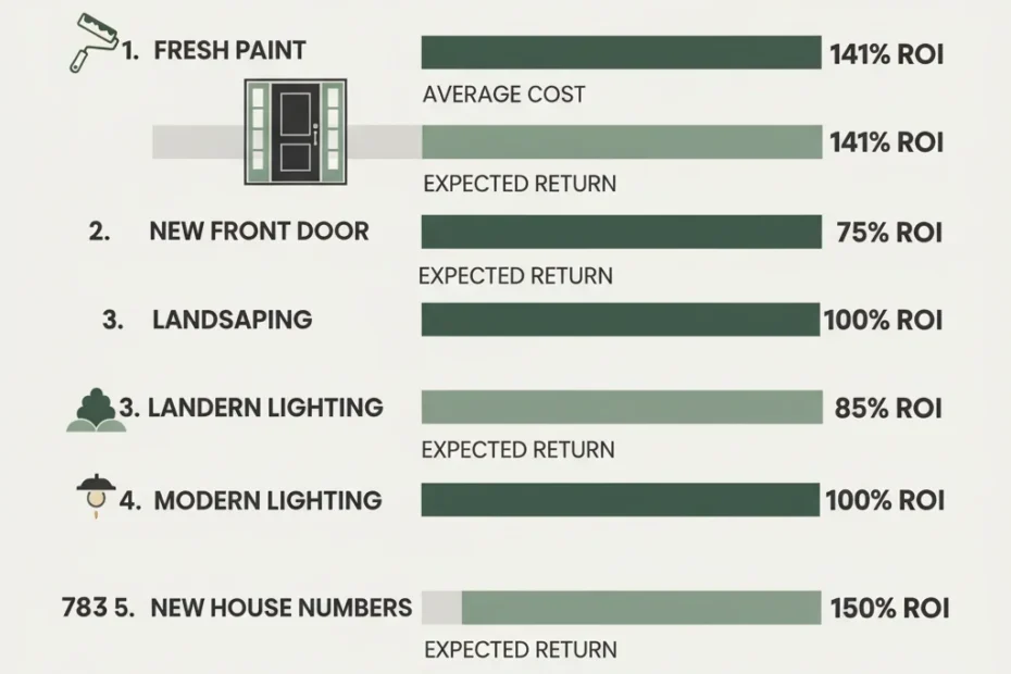 infographic showing ROI of affordable front elevation improvements like paint, door, and lighting