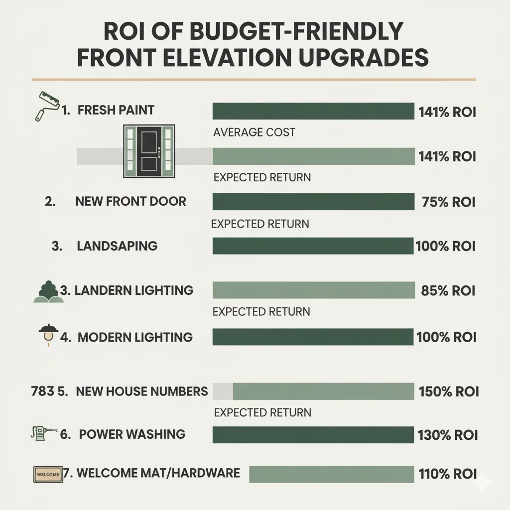 infographic showing ROI of affordable front elevation improvements like paint, door, and lighting