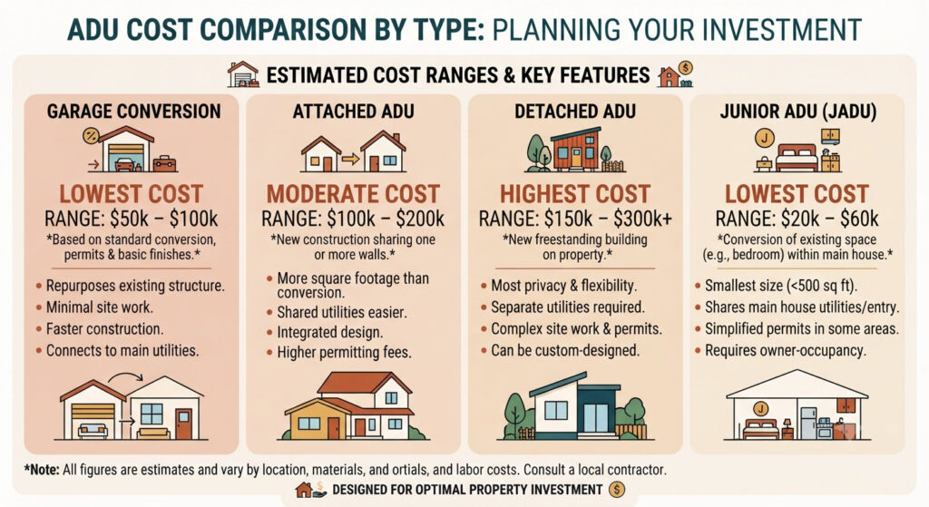 ADU cost by type 2026: Garage conversion vs attached vs detached