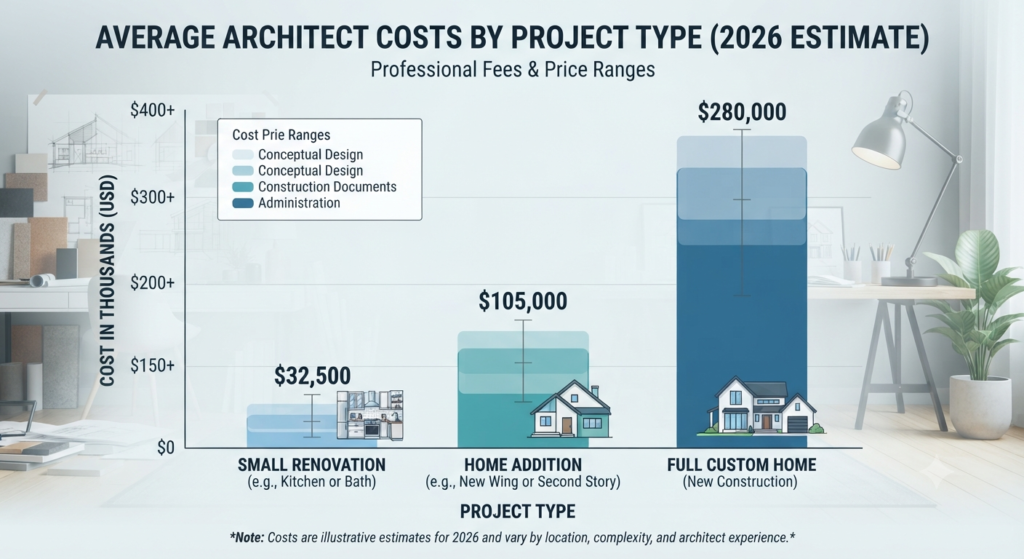 Architect cost by project type in 2026: Renovation, addition, custom home pricing