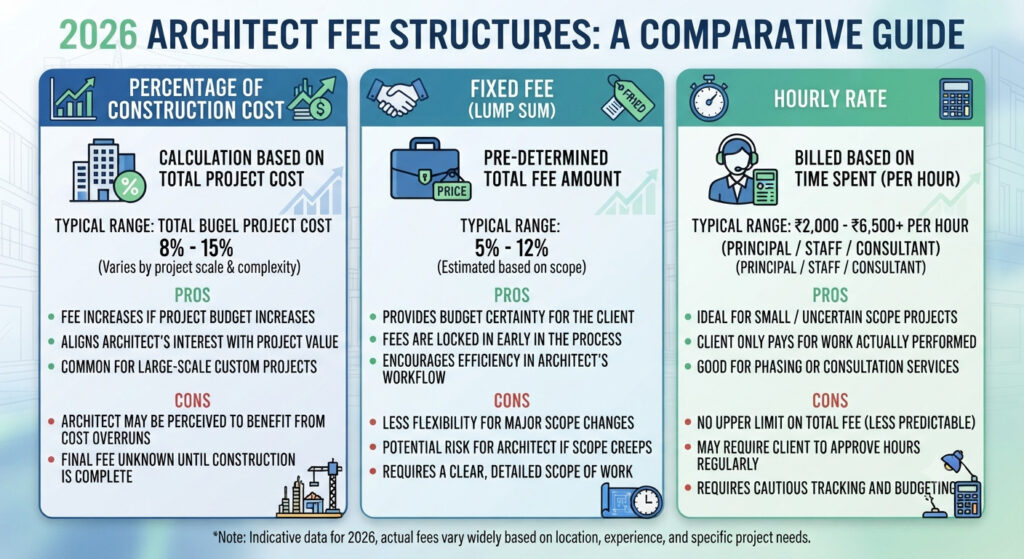 Architect fee structures 2026: Percentage, fixed fee, hourly rates explained