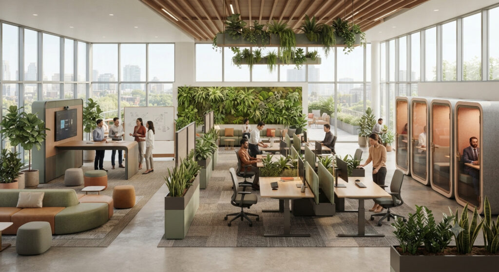 Office interior design trends that improve productivity: Biophilic, acoustic zoning and flexible layouts