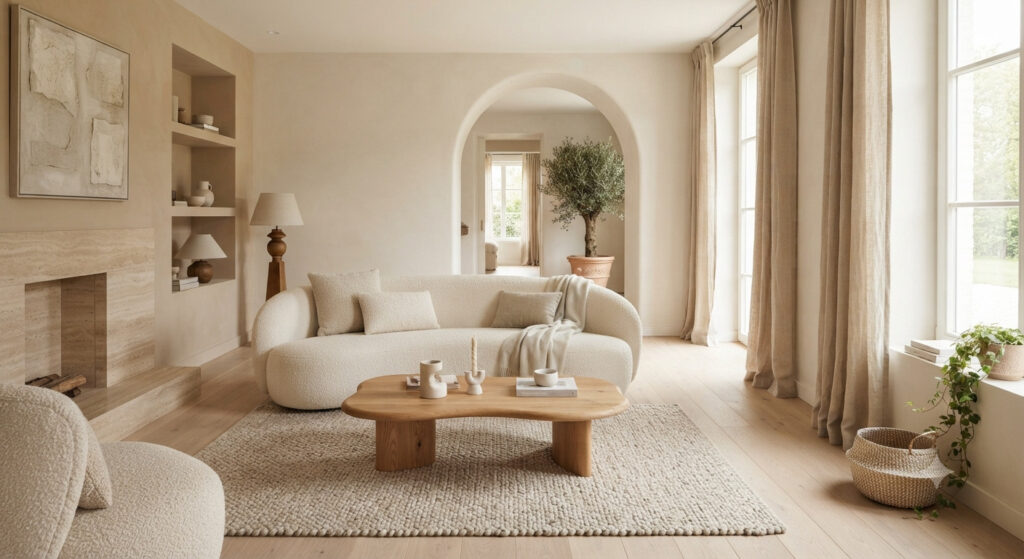 Warm minimalism key design elements: natural materials, warm neutrals, curved architecture