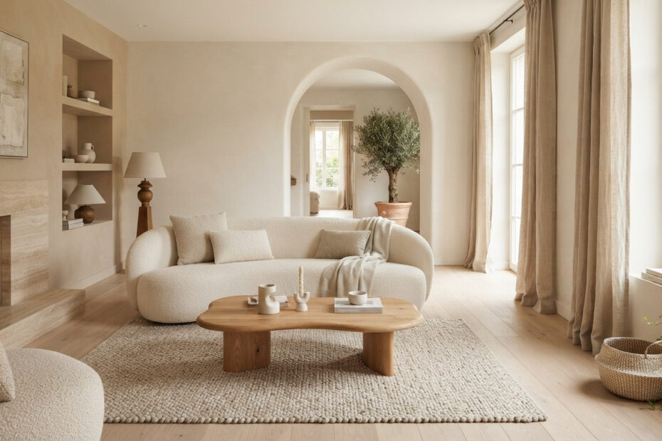 Warm minimalism key design elements: natural materials, warm neutrals, curved architecture