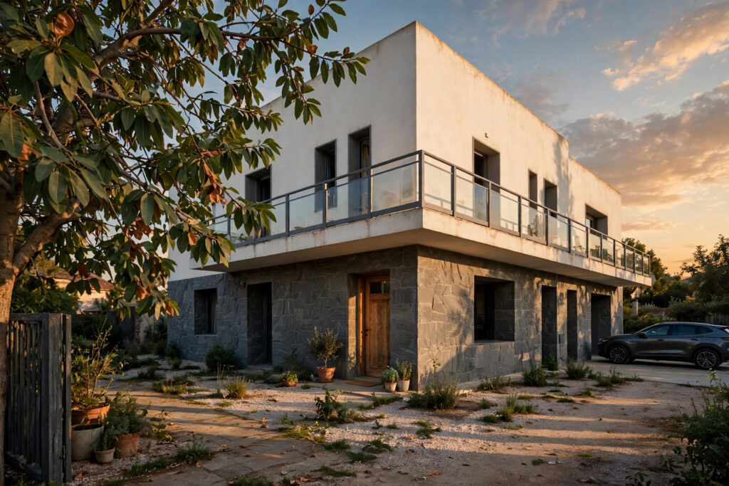 Archtra Villa Meridian exterior elevation at golden hour. Contemporary two-storey villa with warm white render, charcoal grey stone cladding, deep-set window reveals, and glass railing balcony. Designed for west-facing plot with passive cooling features.