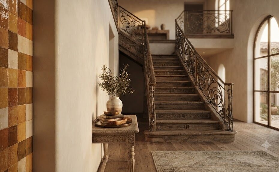 Artisan craftsmanship in luxury homes hand-carved staircase hand-forged metal and tile