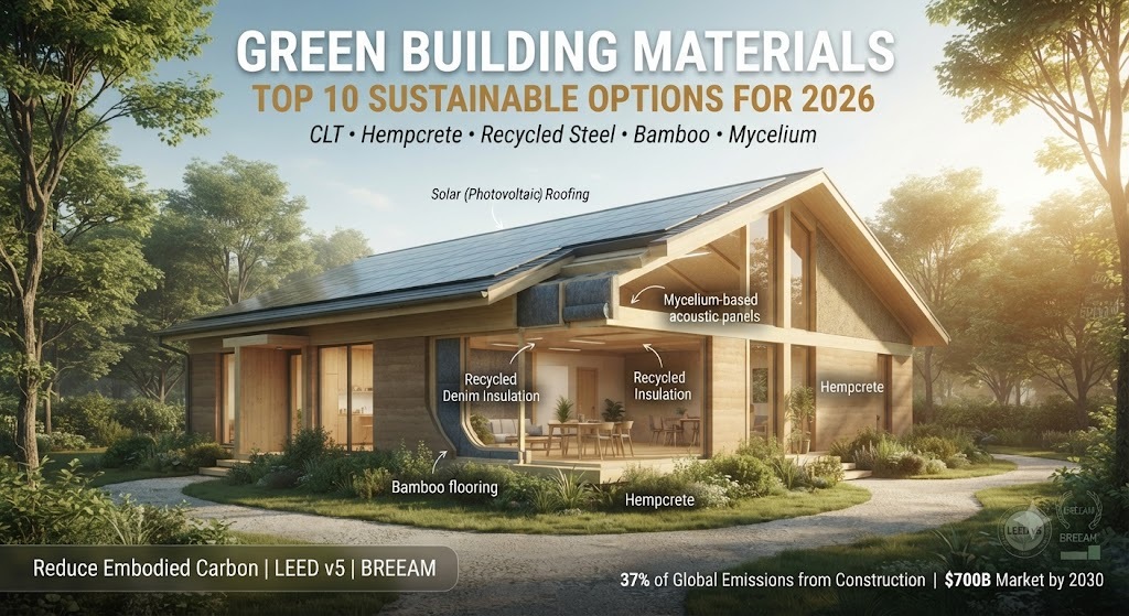 Green building materials top 10 sustainable options 2026 hero image showing CLT hempcrete recycled steel and bamboo in eco-friendly construction